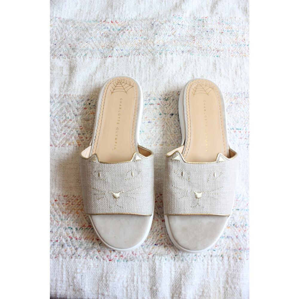 Charlotte Olympia Beige Cat Kitty Woven Canvas Platform Slides Sandals Size 38